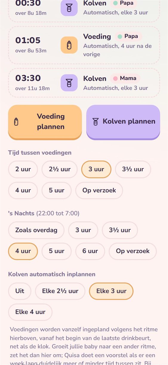 Het schema van de komende 12 uur met voedingen en kolfmomenten, bij elk moment Papa of Mama, en daaronder de keuze voor het ritme